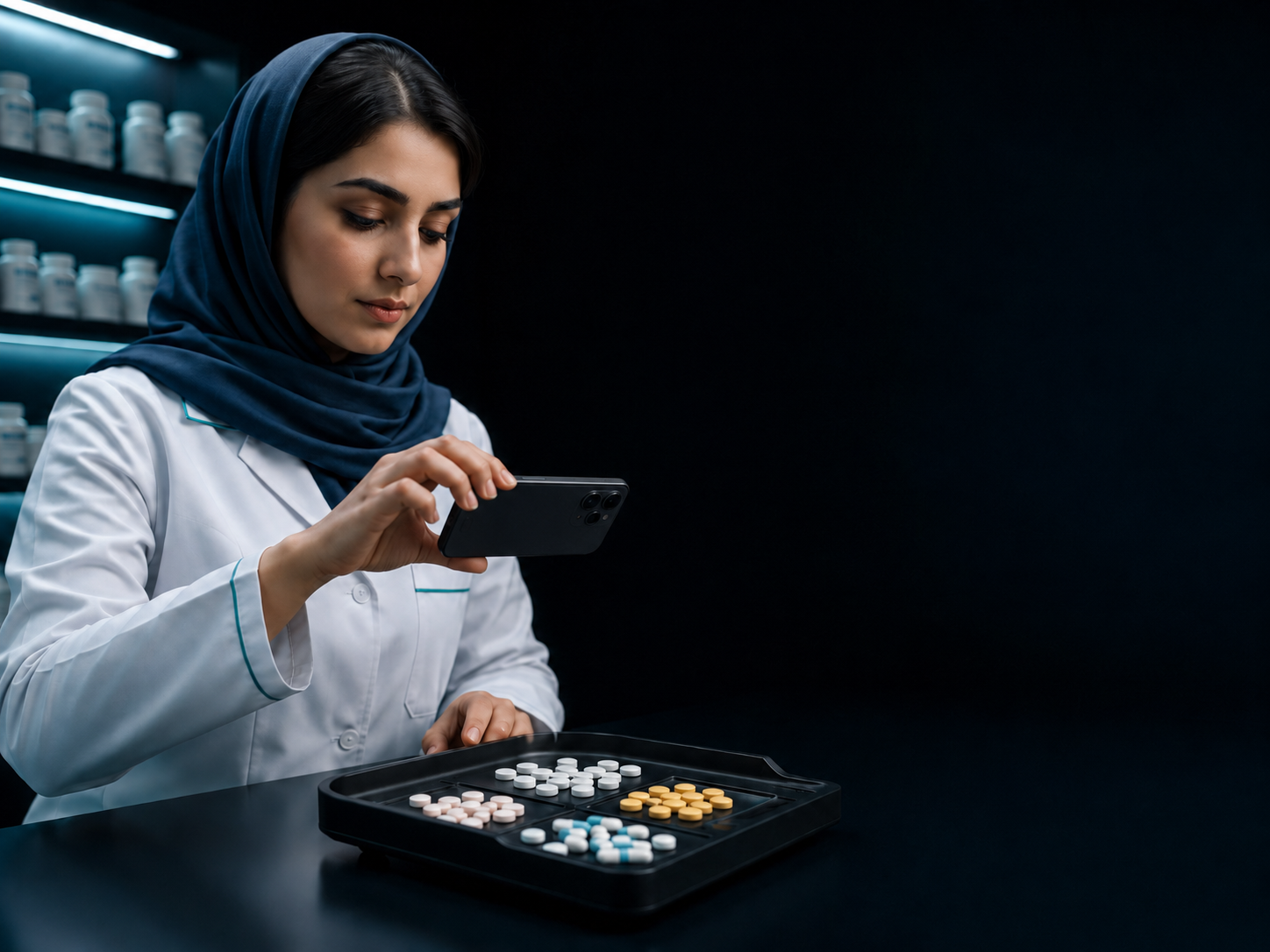 A pharmacy technician using BeshmarAI to count pills with a phone camera